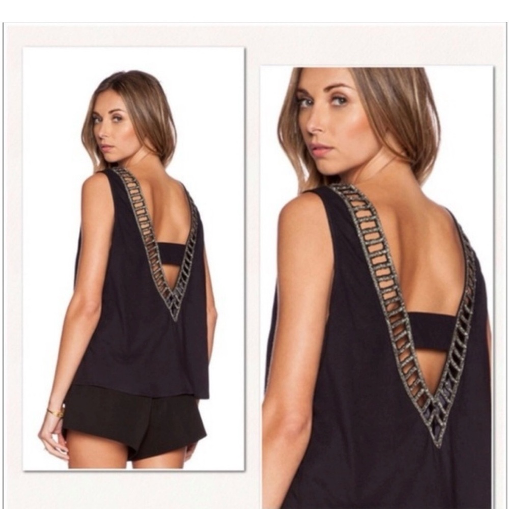 MLV Luna Beaded Sparkle Top Deep V Back Black Sleeveless Size M‎